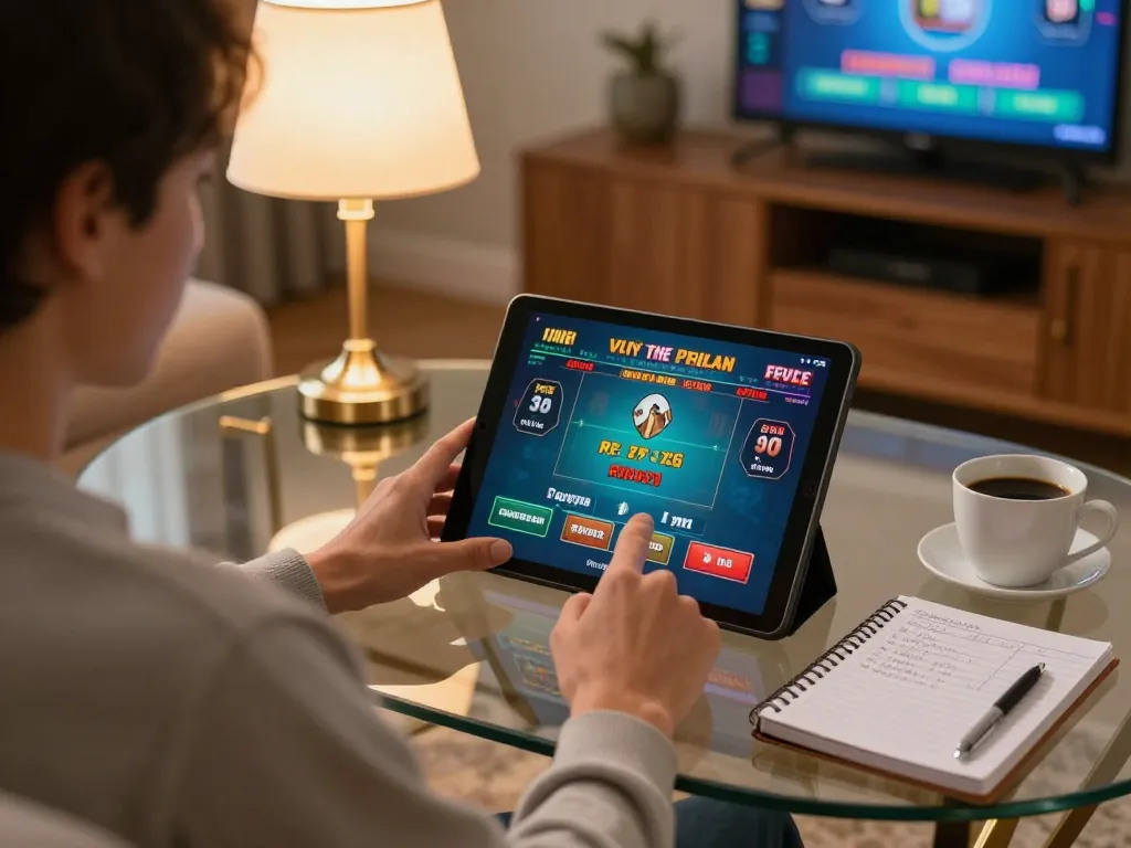 Engaging player focused on ko66 online casino game while using a tablet for betting