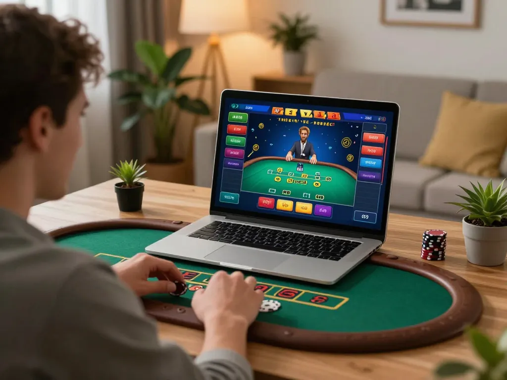Engaged player using TG 88 for live dealer blackjack gaming at home, showcasing strategic betting.