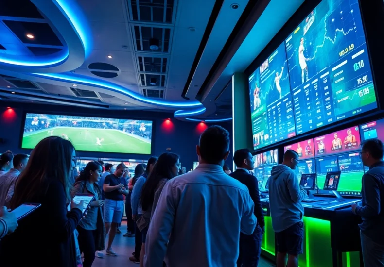 Explore New Technology in sports betting through a futuristic betting lounge filled with advanced interactive elements.