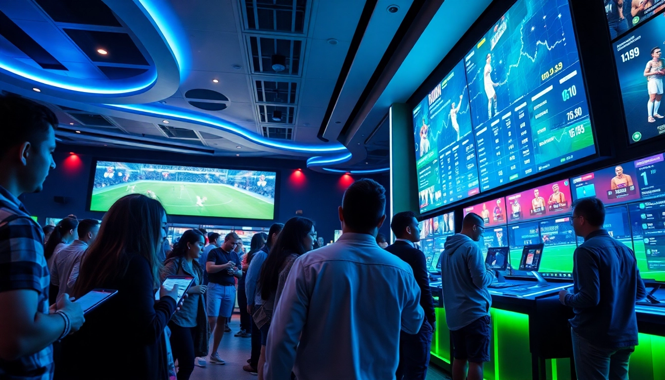 Explore New Technology in sports betting through a futuristic betting lounge filled with advanced interactive elements.