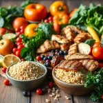 Delicious Healthy Food spread including fresh fruits and vegetables