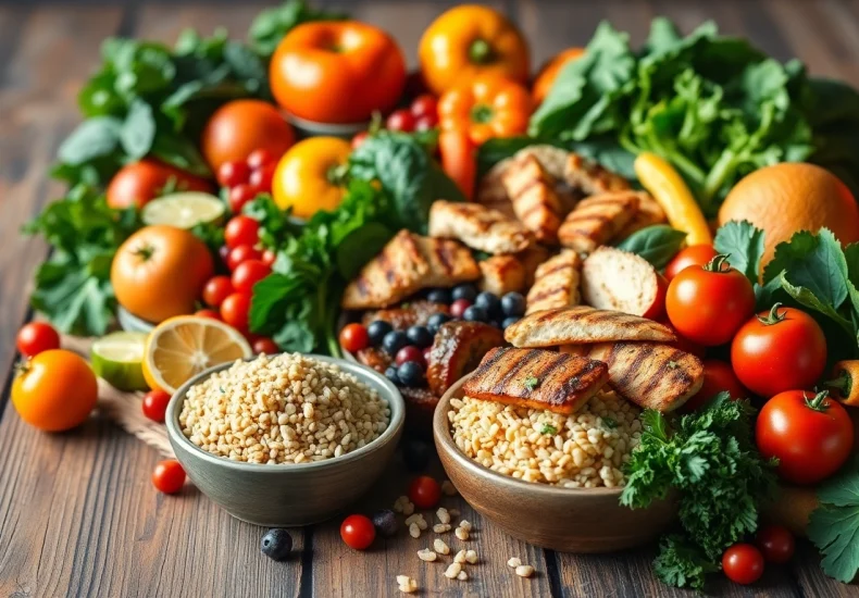 Delicious Healthy Food spread including fresh fruits and vegetables