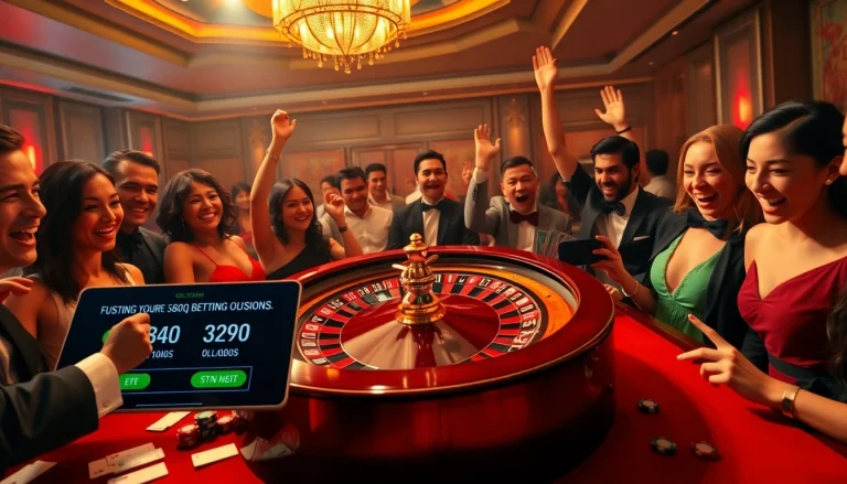 Experience the excitement of betting at https://bet888.solutions/ with players cheering around a roulette table.