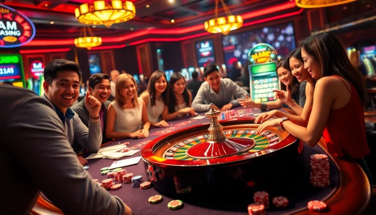 Experience the thrill of game bài đổi thưởng at a lively casino with engaged players and dynamic gaming elements.