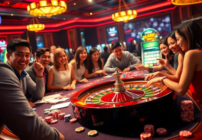 Experience the thrill of game bài đổi thưởng at a lively casino with engaged players and dynamic gaming elements.