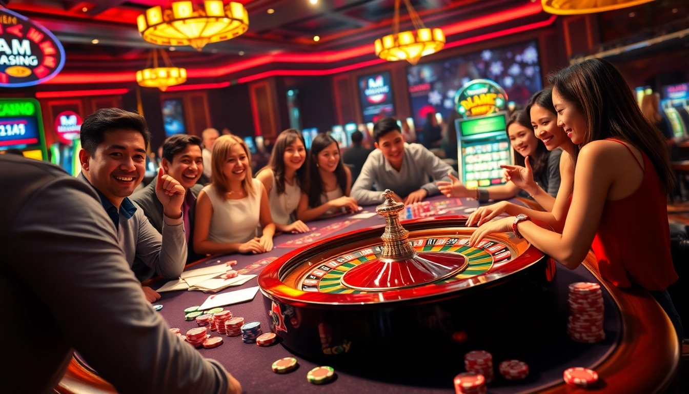 Experience the thrill of game bài đổi thưởng at a lively casino with engaged players and dynamic gaming elements.