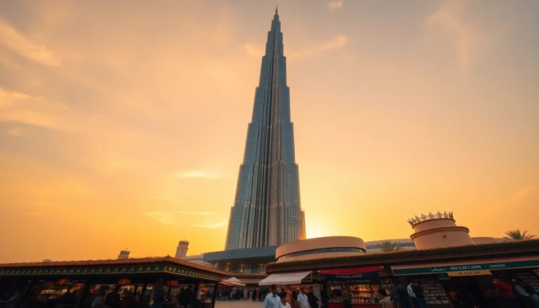 Explore travel to Dubai with an enchanting view of Burj Khalifa at sunset, bustling city life around.