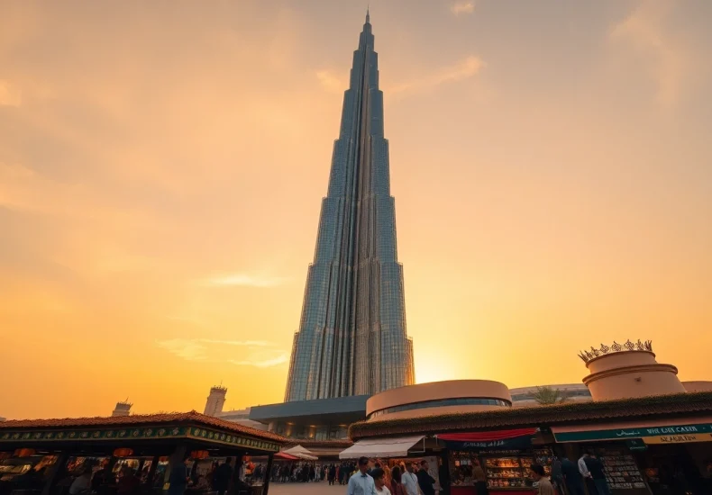 Explore travel to Dubai with an enchanting view of Burj Khalifa at sunset, bustling city life around.