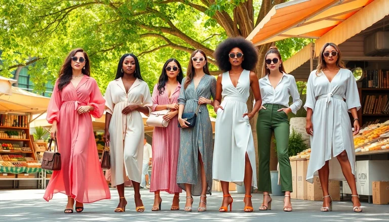 Stylish women showcasing contemporary Women Fashion trends in a vibrant market scene.