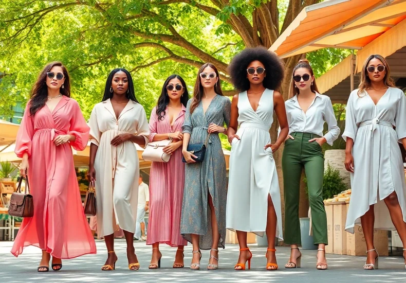 Stylish women showcasing contemporary Women Fashion trends in a vibrant market scene.