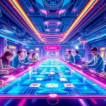 Explore New Technology in a futuristic casino with interactive gaming experiences and vibrant neon lights.