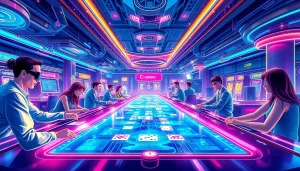 Explore New Technology in a futuristic casino with interactive gaming experiences and vibrant neon lights.