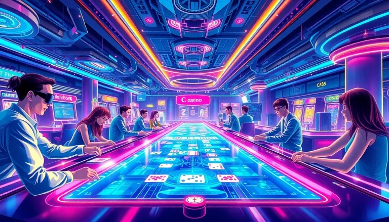 Explore New Technology in a futuristic casino with interactive gaming experiences and vibrant neon lights.