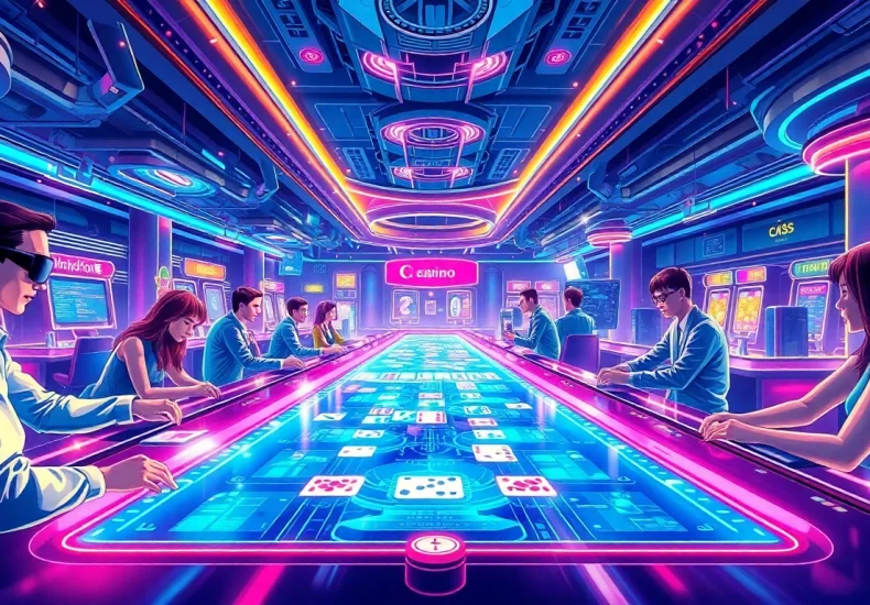 Explore New Technology in a futuristic casino with interactive gaming experiences and vibrant neon lights.