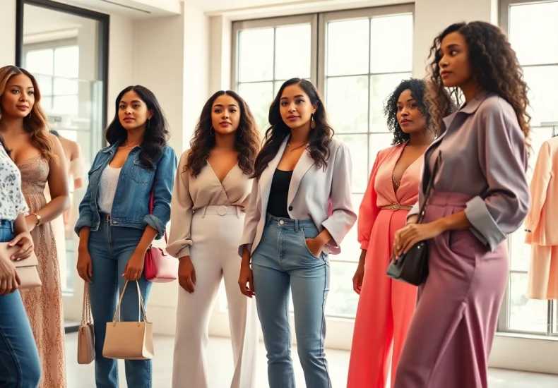 Capture confident women in stylish outfits showcasing the latest trends in Women Fashion amidst a chic boutique setting.