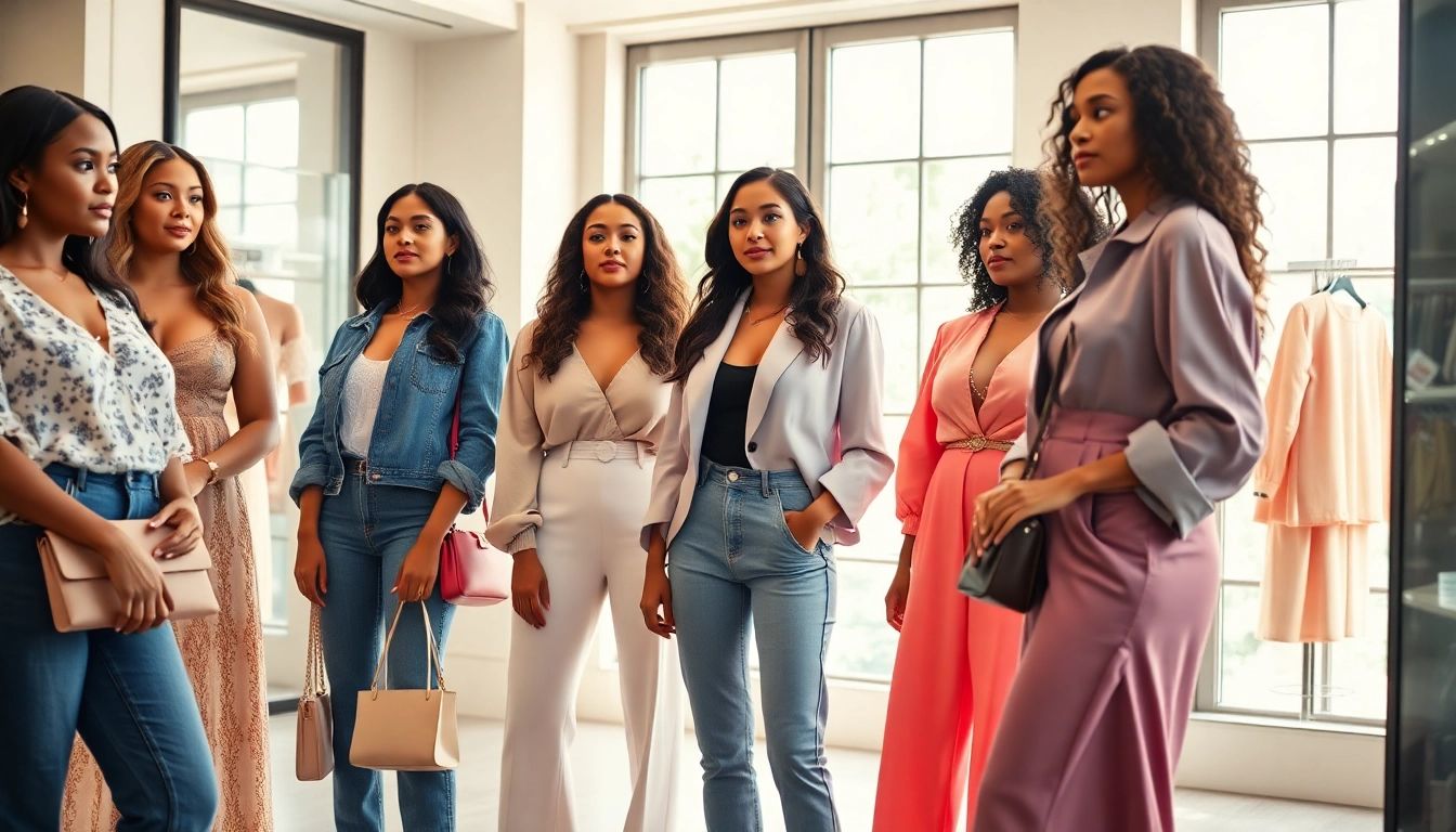 Capture confident women in stylish outfits showcasing the latest trends in Women Fashion amidst a chic boutique setting.