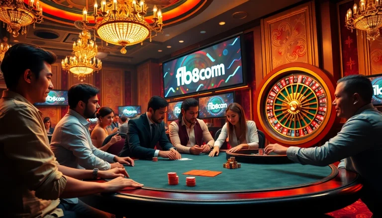 Experience the excitement at fb88.com with a vibrant casino scene showcasing players at the poker table engaged in thrilling bets.