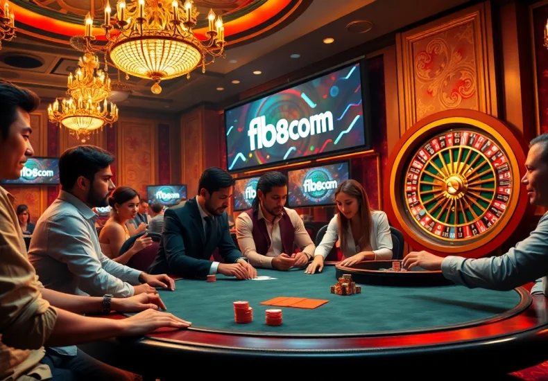 Experience the excitement at fb88.com with a vibrant casino scene showcasing players at the poker table engaged in thrilling bets.