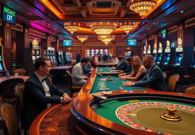 Experience the thrill of gambling at https://nhacaiuytin.place/ with players enjoying poker, roulette, and vibrant slot machines.