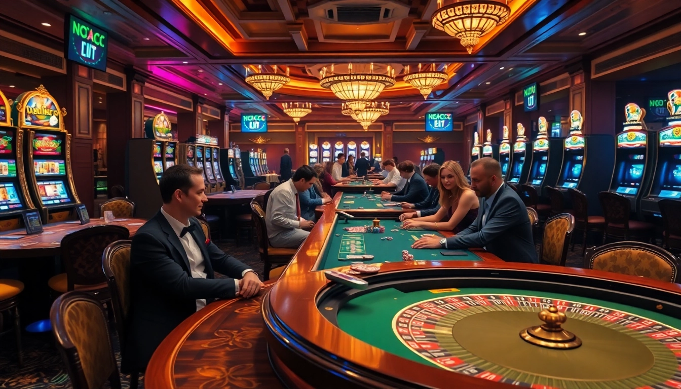 Experience the thrill of gambling at https://nhacaiuytin.place/ with players enjoying poker, roulette, and vibrant slot machines.