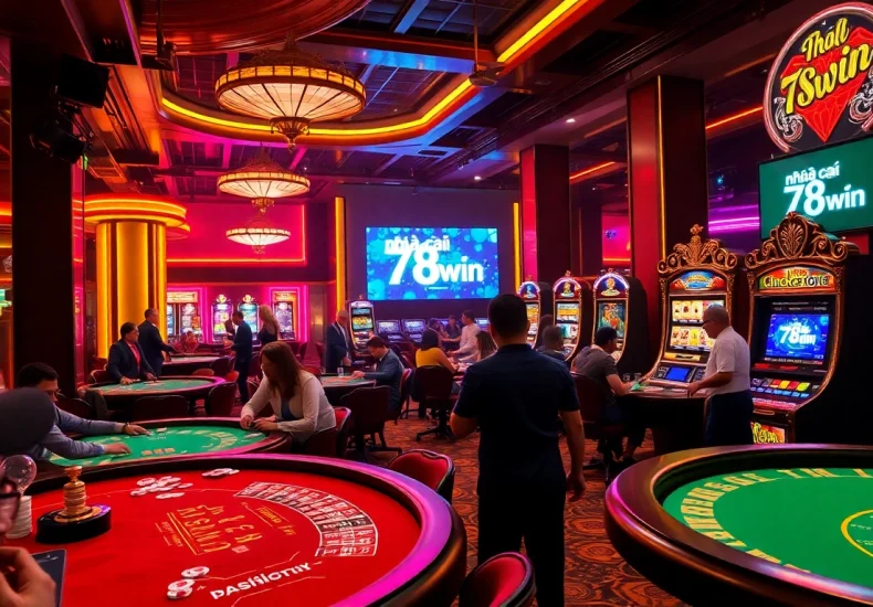 The casino atmosphere featuring excitement around poker and blackjack, highlighting nhà cái 78win's vibrant gaming experience.
