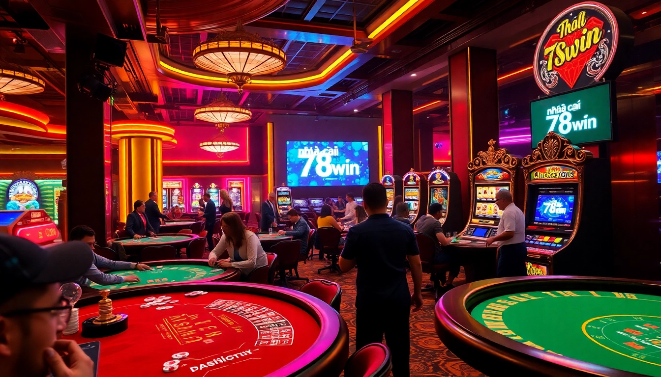 The casino atmosphere featuring excitement around poker and blackjack, highlighting nhà cái 78win's vibrant gaming experience.