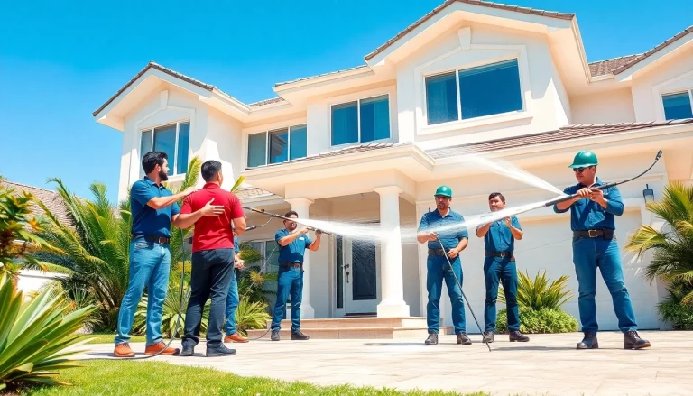 Professionals delivering exterior cleaning services to enhance a home's appearance.