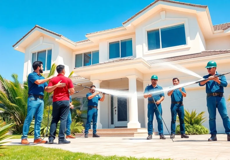 Professionals delivering exterior cleaning services to enhance a home's appearance.