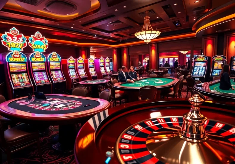 Exciting gaming action at an upscale casino, showcasing the 188bet link with players at blackjack and lively slot machines.