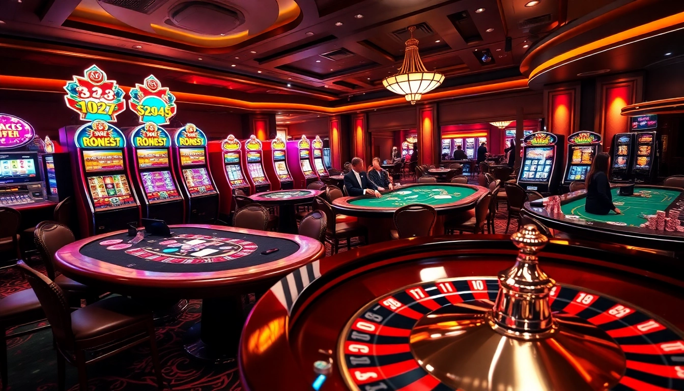 Exciting gaming action at an upscale casino, showcasing the 188bet link with players at blackjack and lively slot machines.