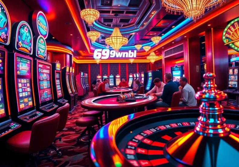Experience gaming excitement at https://69vnbl.com/ with players enjoying poker and vibrant slot machines in a lively casino.