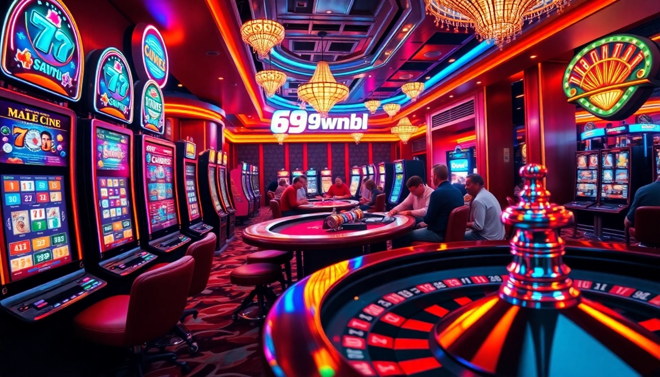Experience gaming excitement at https://69vnbl.com/ with players enjoying poker and vibrant slot machines in a lively casino.