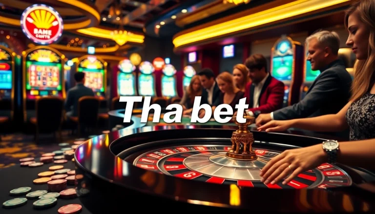 Experience the excitement of Tha bet as players engage at a roulette table, chips and cards creating a vibrant casino atmosphere.
