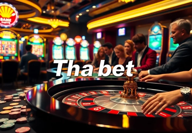 Experience the excitement of Tha bet as players engage at a roulette table, chips and cards creating a vibrant casino atmosphere.