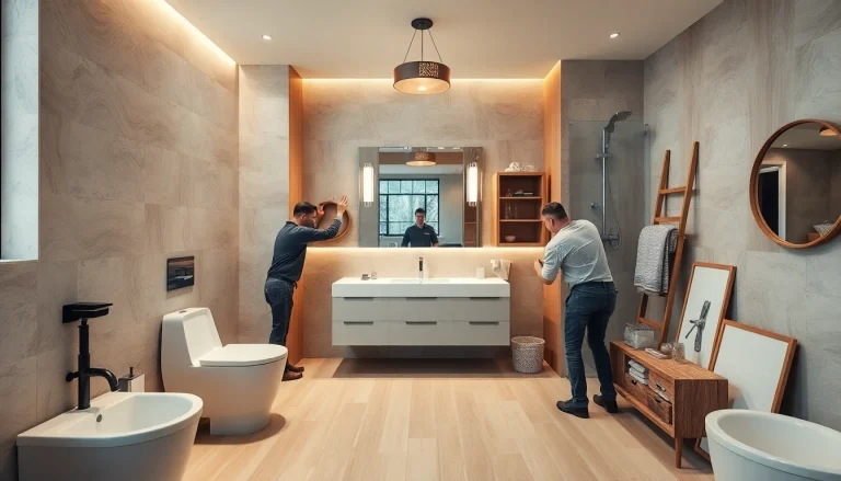 Discover an exceptional bathroom remodeling scene showcasing modern fixtures and creative decor installations.