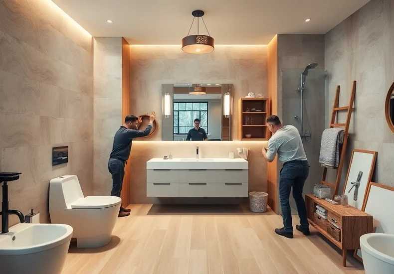 Discover an exceptional bathroom remodeling scene showcasing modern fixtures and creative decor installations.