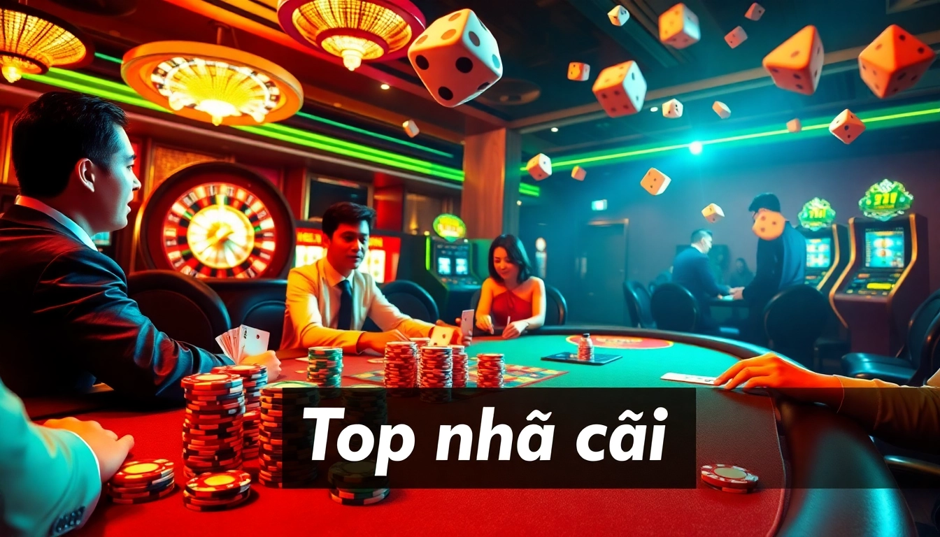 Engaging scene showcasing the "Top nhà cái" in action at an exciting casino, featuring poker, roulette, and vibrant players.