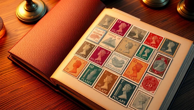 Showcase a variety of royal mail stamps beautifully organized in a luxurious collector's album, emphasizing their intricate designs and details.