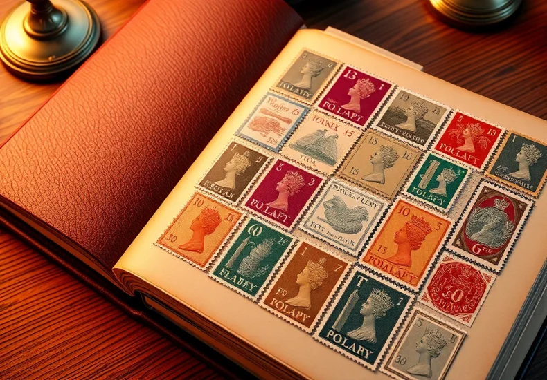Showcase a variety of royal mail stamps beautifully organized in a luxurious collector's album, emphasizing their intricate designs and details.