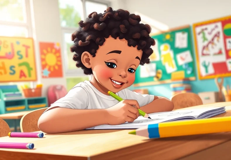 Child joyfully drawing with an easy grip pencil designed for comfort and control.