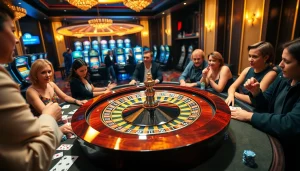 Utländska.casino showcases players thrillingly betting at a roulette table amid the vibrant casino nightlife.