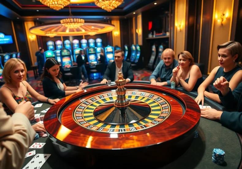 Utländska.casino showcases players thrillingly betting at a roulette table amid the vibrant casino nightlife.