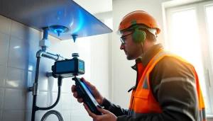 Mains Water Leak Detection shown with a technician inspecting modern plumbing for potential leaks.