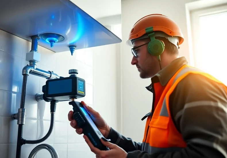 Mains Water Leak Detection shown with a technician inspecting modern plumbing for potential leaks.