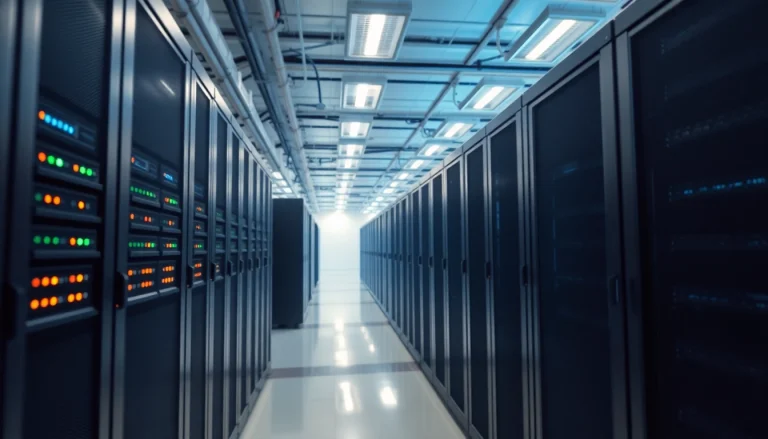 Showing cheap colocation services in a professional data center with rows of servers.