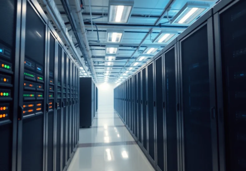 Showing cheap colocation services in a professional data center with rows of servers.