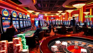 A thrilling KJC AC casino scene featuring poker tables, slot machines, and roulette wheels bustling with excitement.