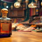 Captivating arabian perfume bottle set against a vibrant Middle Eastern marketplace background.