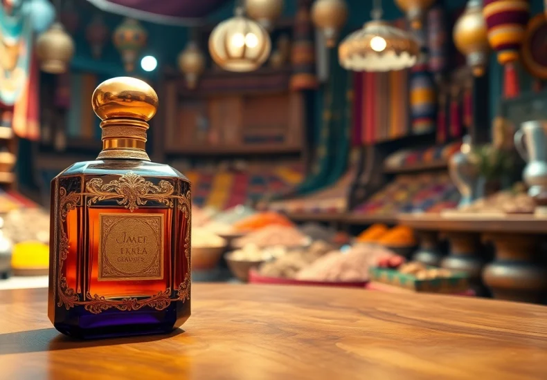 Captivating arabian perfume bottle set against a vibrant Middle Eastern marketplace background.
