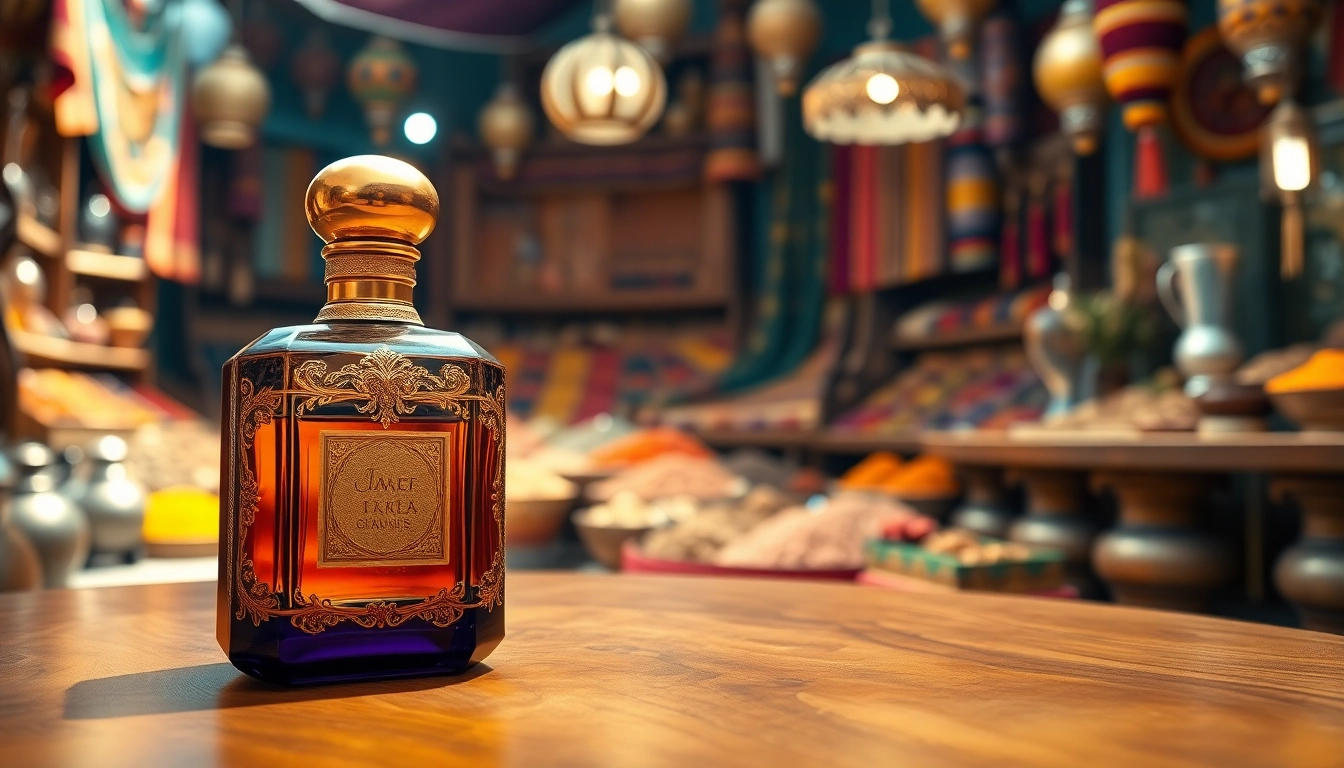 Captivating arabian perfume bottle set against a vibrant Middle Eastern marketplace background.
